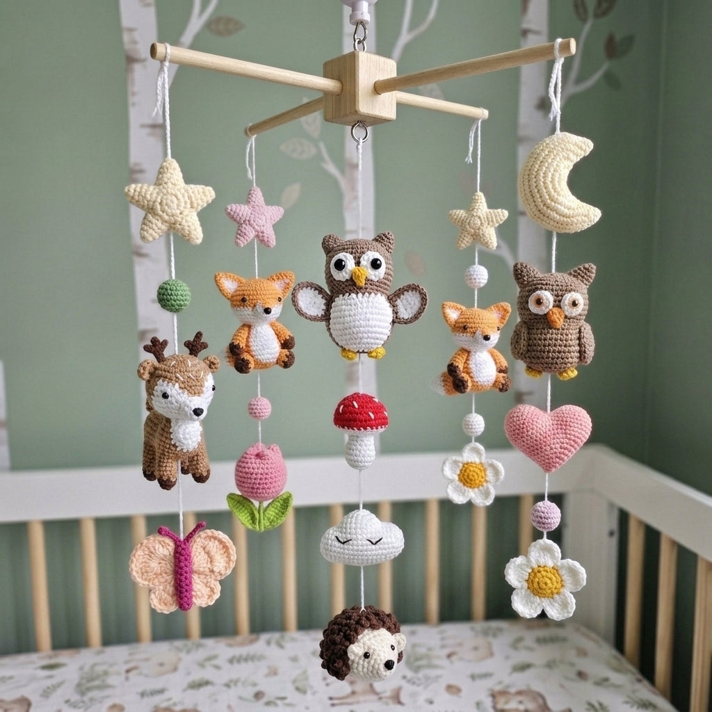 Whimsical Woodland Crochet Mobile, Handmade Crib Hanging Decor, Amigurumi Nursery Accent, Newborn Baby Gift