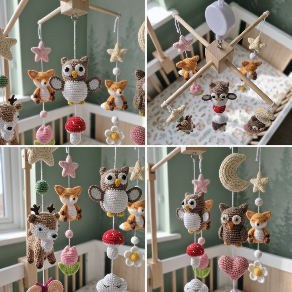 Whimsical Woodland Crochet Mobile, Handmade Crib Hanging Decor, Amigurumi Nursery Accent, Newborn Baby Gift