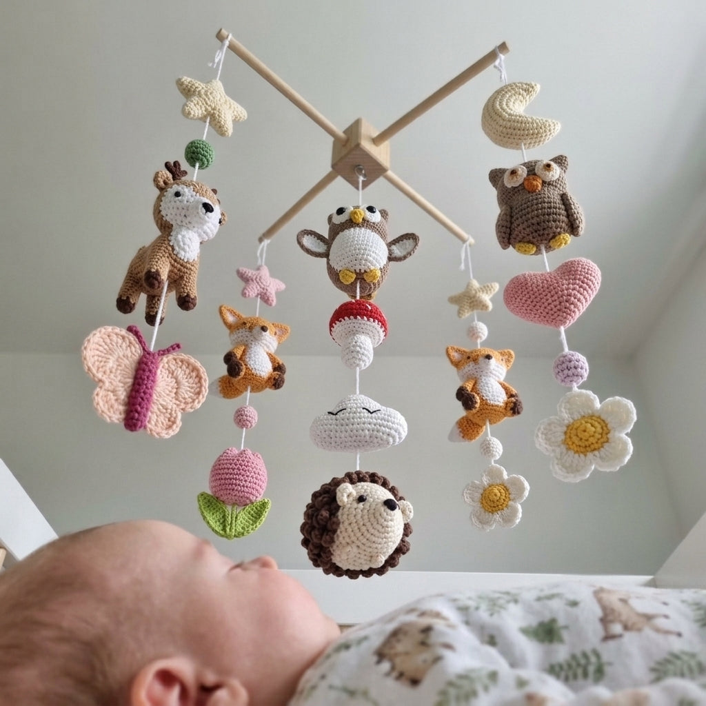 Whimsical Woodland Crochet Mobile, Handmade Crib Hanging Decor, Amigurumi Nursery Accent, Newborn Baby Gift