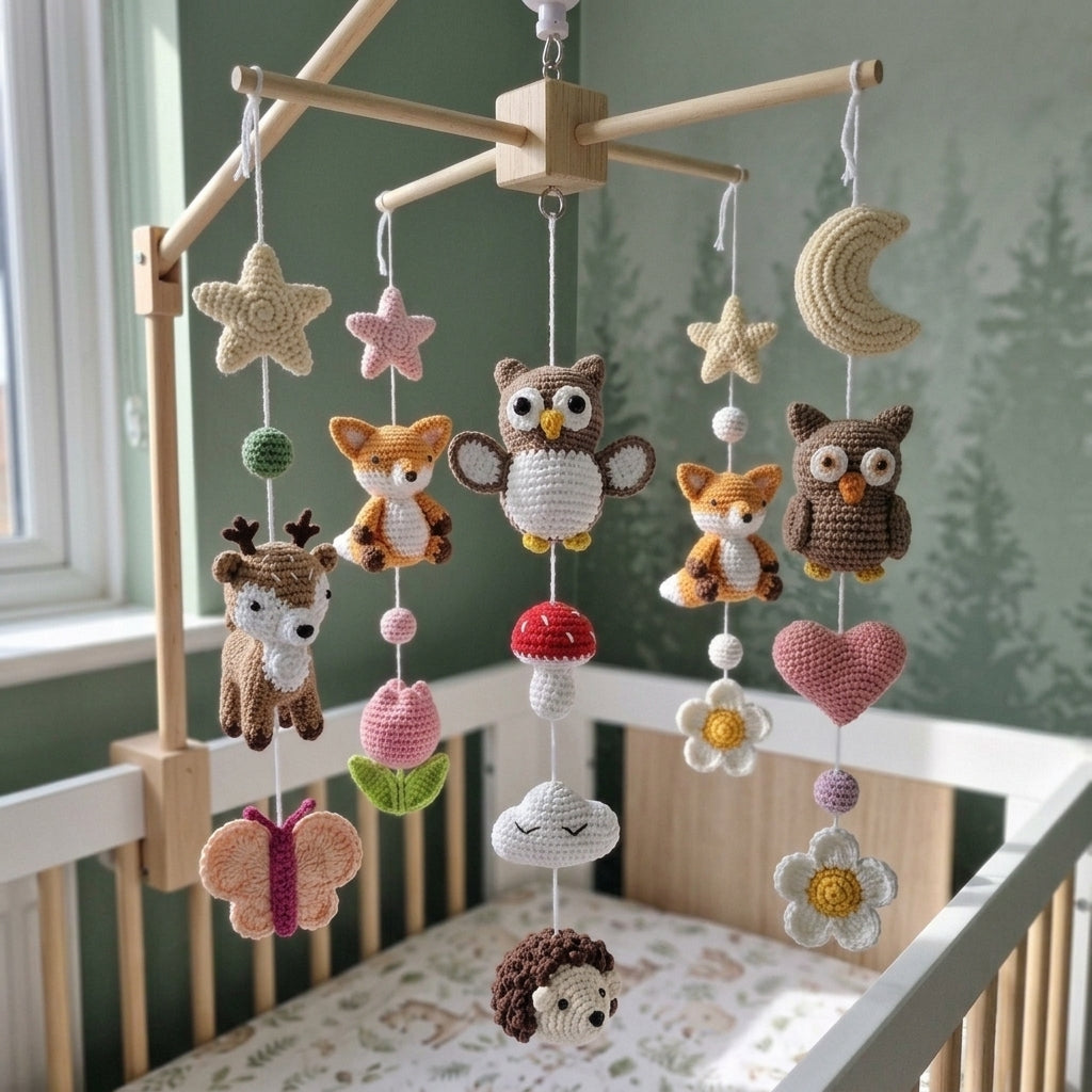 Whimsical Woodland Crochet Mobile, Handmade Crib Hanging Decor, Amigurumi Nursery Accent, Newborn Baby Gift