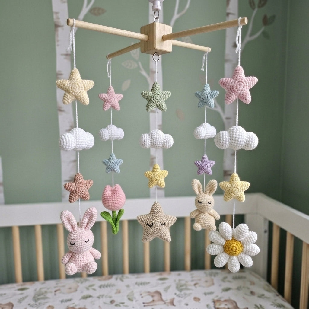 Pastel Bunny Baby Mobile, Handmade Crochet Nursery Decor with Stars and Clouds, Crib Hanging Shower Gift