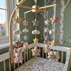 Pastel Bunny Baby Mobile, Handmade Crochet Nursery Decor with Stars and Clouds, Crib Hanging Shower Gift