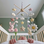 Pastel Bunny Baby Mobile, Handmade Crochet Nursery Decor with Stars and Clouds, Crib Hanging Shower Gift