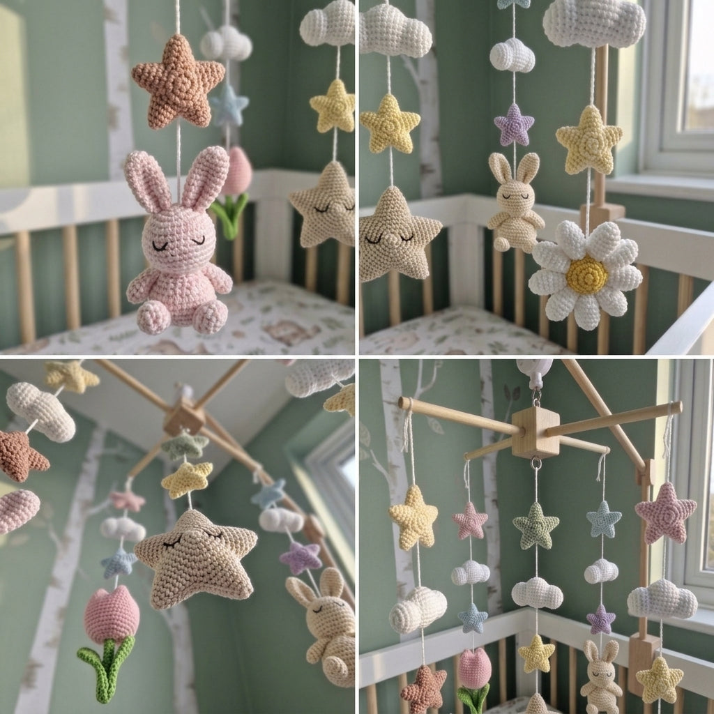 Pastel Bunny Baby Mobile, Handmade Crochet Nursery Decor with Stars and Clouds, Crib Hanging Shower Gift