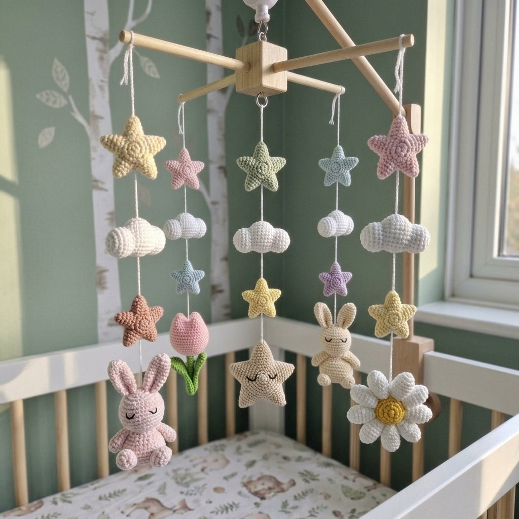 Pastel Bunny Baby Mobile, Handmade Crochet Nursery Decor with Stars and Clouds, Crib Hanging Shower Gift