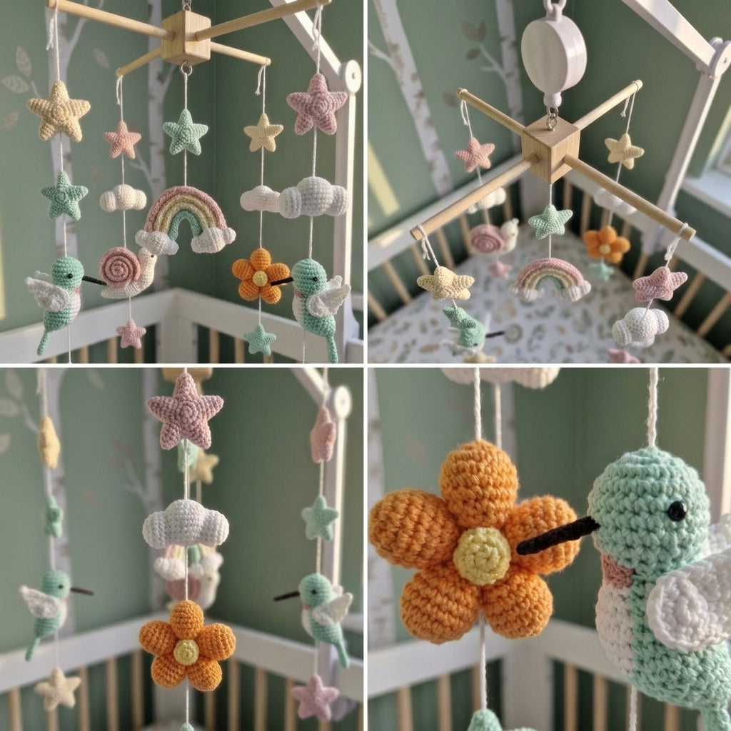 Rainbow Hummingbird Crochet Baby Mobile, Handmade Crib Nursery Decor with Stars and Clouds, Baby Shower Gift