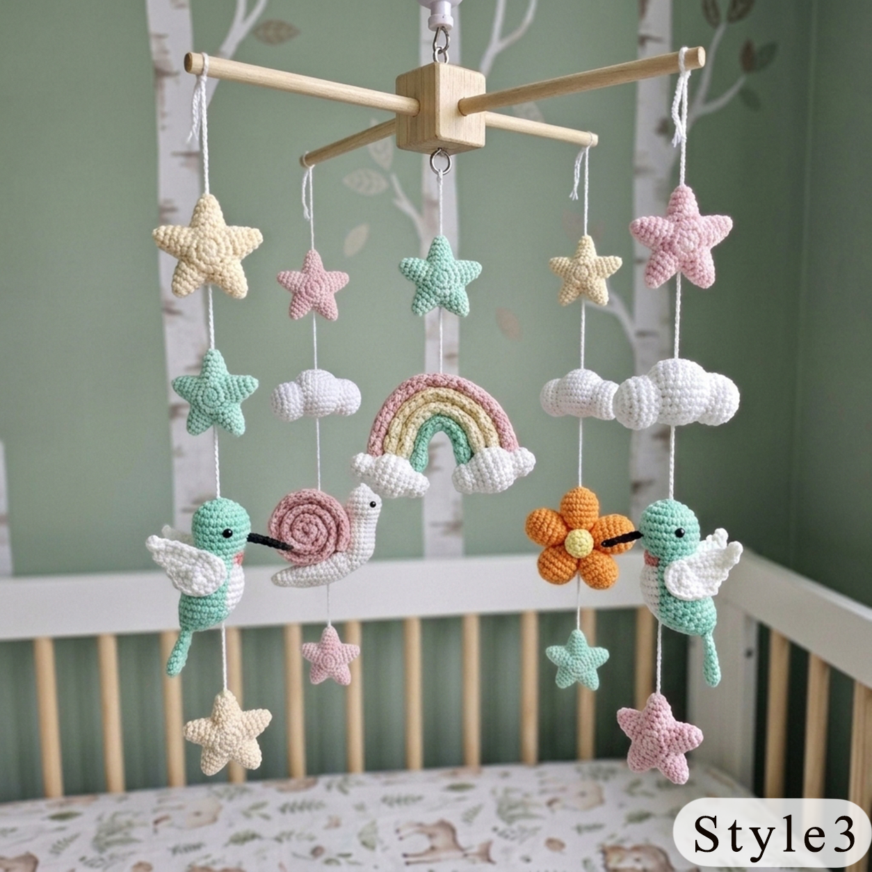 Rainbow Hummingbird Crochet Baby Mobile, Handmade Crib Nursery Decor with Stars and Clouds, Baby Shower Gift