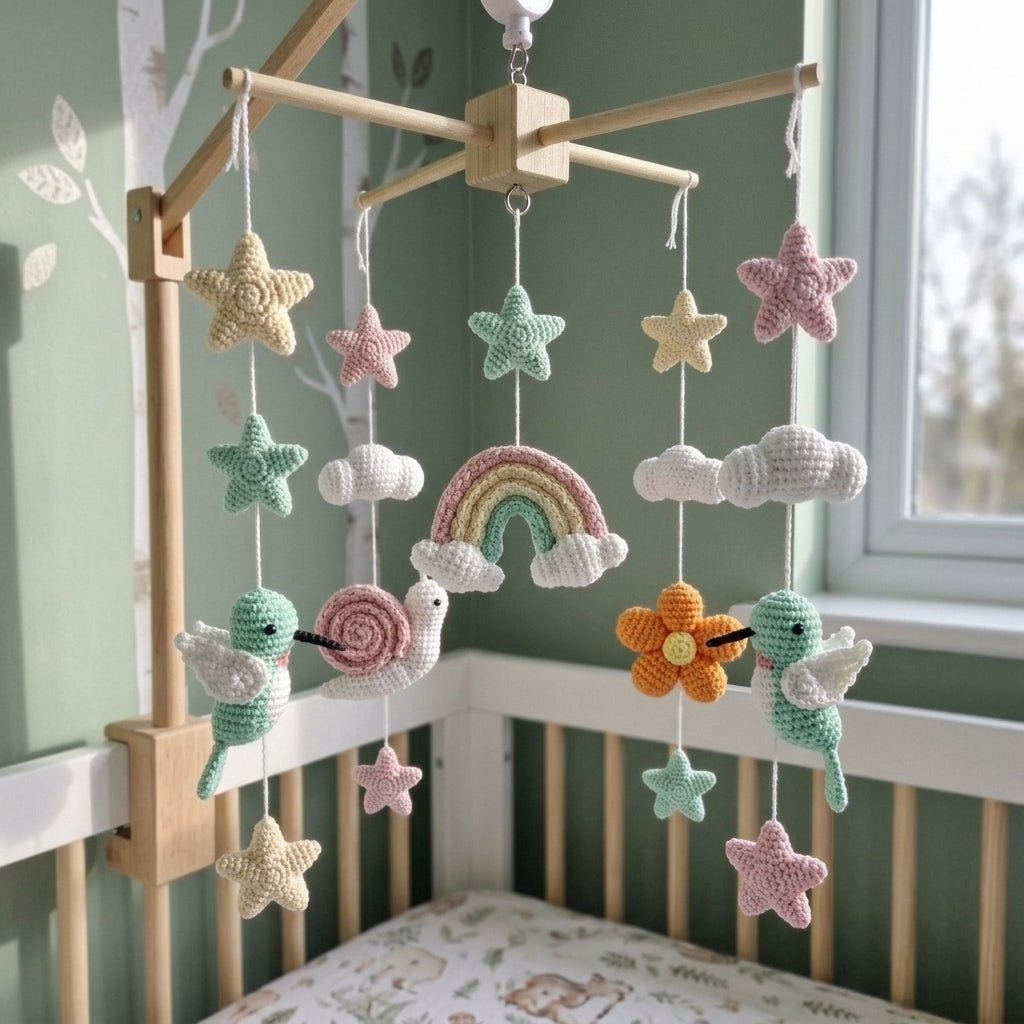 Rainbow Hummingbird Crochet Baby Mobile, Handmade Crib Nursery Decor with Stars and Clouds, Baby Shower Gift