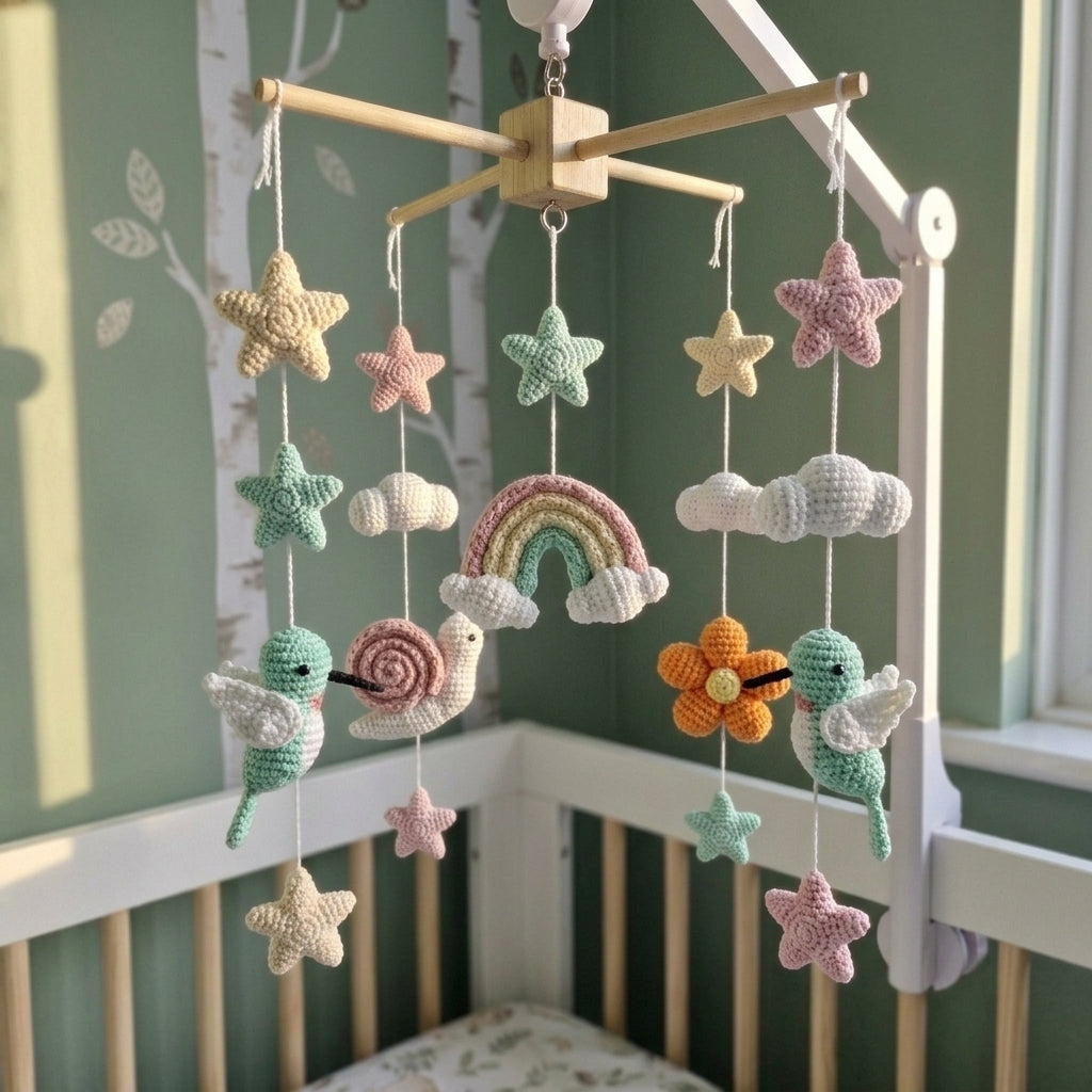 Rainbow Hummingbird Crochet Baby Mobile, Handmade Crib Nursery Decor with Stars and Clouds, Baby Shower Gift