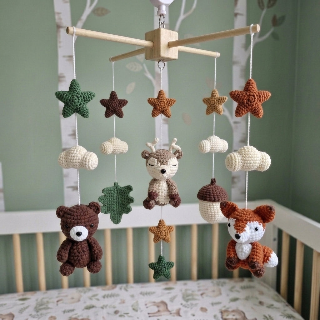 Autumn Woodland Nursery Mobile, Handmade Crochet Crib Hanging with Forest Leaves and Stars, Neutral Newborn Gift