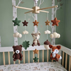 Autumn Woodland Nursery Mobile, Handmade Crochet Crib Hanging with Forest Leaves and Stars, Neutral Newborn Gift
