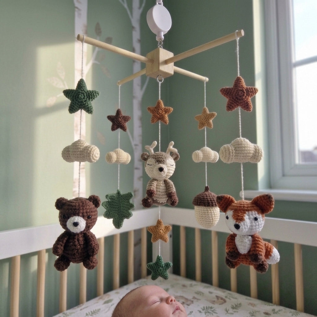 Autumn Woodland Nursery Mobile, Handmade Crochet Crib Hanging with Forest Leaves and Stars, Neutral Newborn Gift