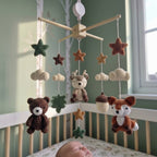 Autumn Woodland Nursery Mobile, Handmade Crochet Crib Hanging with Forest Leaves and Stars, Neutral Newborn Gift