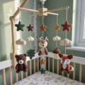 Autumn Woodland Nursery Mobile, Handmade Crochet Crib Hanging with Forest Leaves and Stars, Neutral Newborn Gift