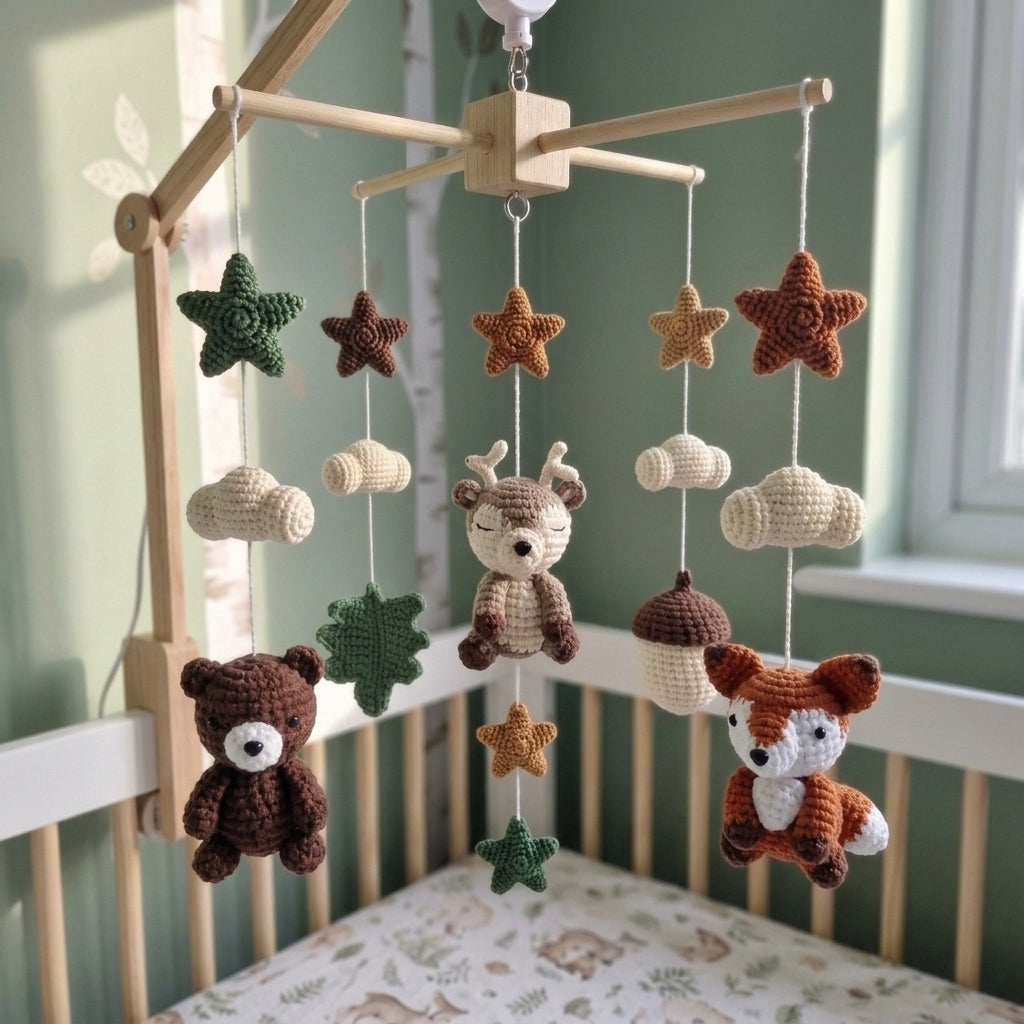 Autumn Woodland Nursery Mobile, Handmade Crochet Crib Hanging with Forest Leaves and Stars, Neutral Newborn Gift