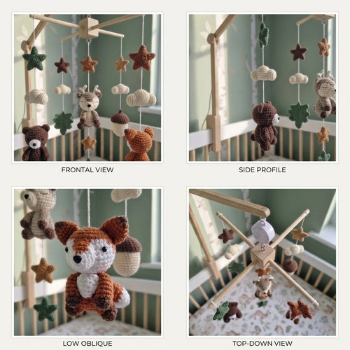 Autumn Woodland Nursery Mobile, Handmade Crochet Crib Hanging with Forest Leaves and Stars, Neutral Newborn Gift