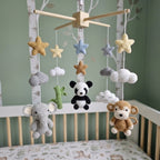 Safari Animal Crochet Crib Mobile, Handmade Baby Nursery Decor with Stars and Clouds, Jungle Baby Shower Gift