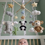 Safari Animal Crochet Crib Mobile, Handmade Baby Nursery Decor with Stars and Clouds, Jungle Baby Shower Gift