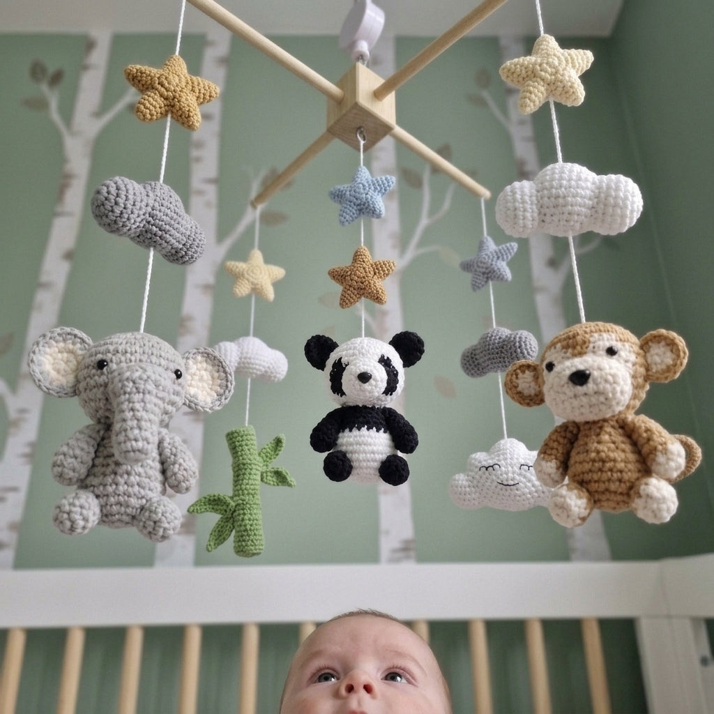 Safari Animal Crochet Crib Mobile, Handmade Baby Nursery Decor with Stars and Clouds, Jungle Baby Shower Gift
