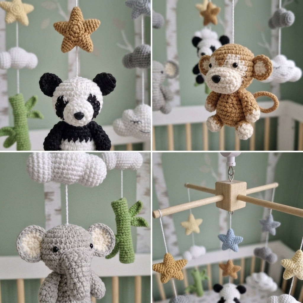 Safari Animal Crochet Crib Mobile, Handmade Baby Nursery Decor with Stars and Clouds, Jungle Baby Shower Gift
