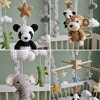 Safari Animal Crochet Crib Mobile, Handmade Baby Nursery Decor with Stars and Clouds, Jungle Baby Shower Gift