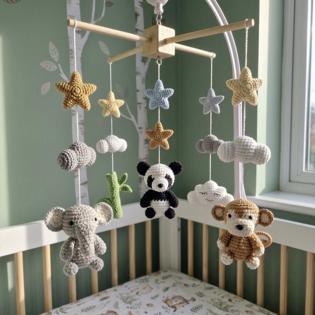 Safari Animal Crochet Crib Mobile, Handmade Baby Nursery Decor with Stars and Clouds, Jungle Baby Shower Gift
