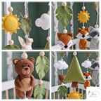 Forest Sunshine Felt Crib Mobile, Handmade Woodland Nursery Hanging with Leaves and Clouds, Nature Baby Gift
