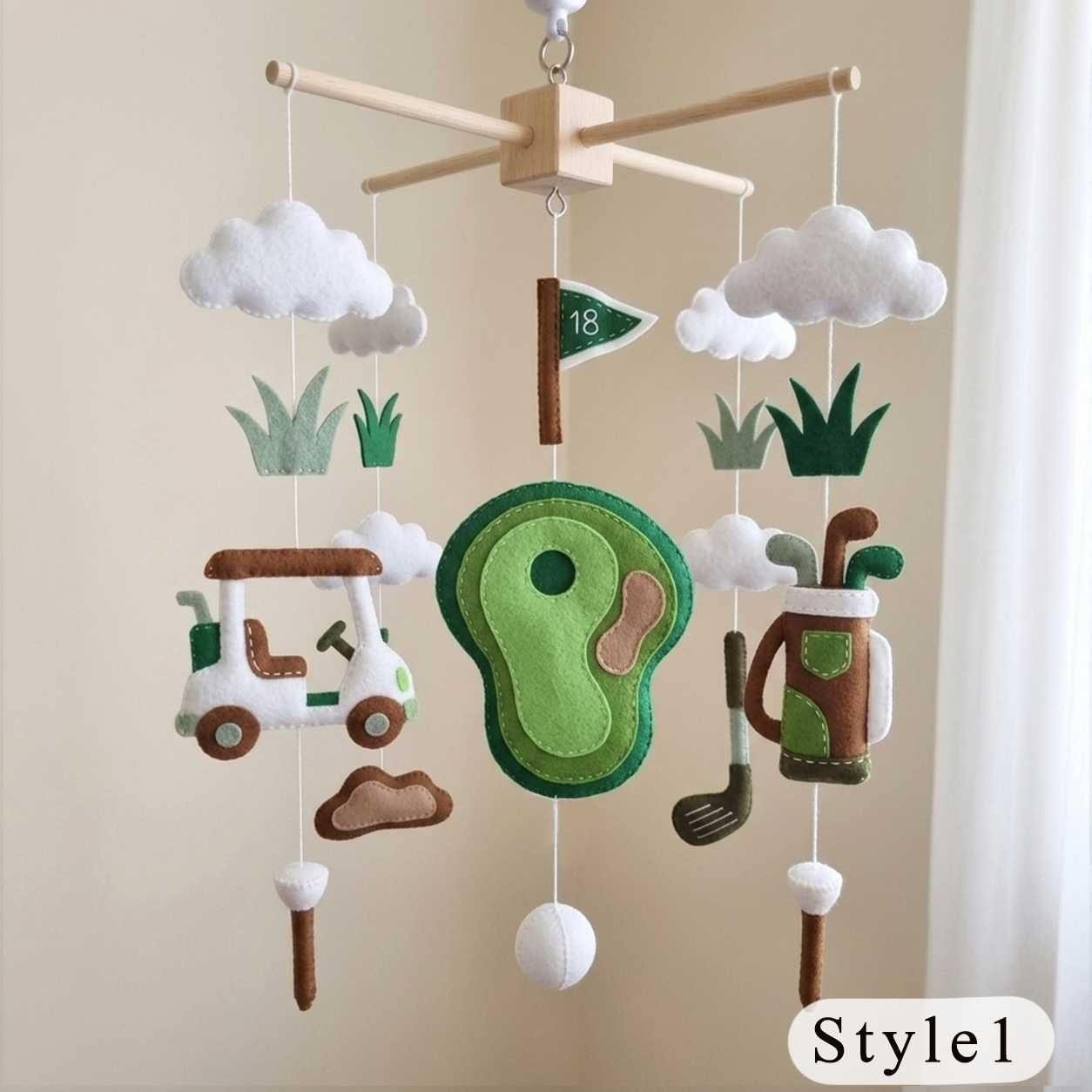 Little Golfer Felt Baby Mobile, Handmade Golf Nursery Crib Hanging with Cart, Clubs, Putting Green and Flag