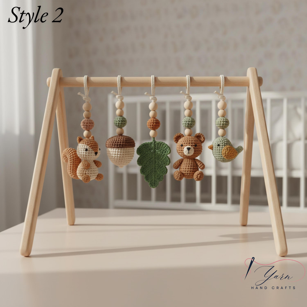 Handmade Custom Woodland Baby Gym | Personalized Wooden Play Gym with Crochet Forest Theme Toys | Neutral Nursery Decor