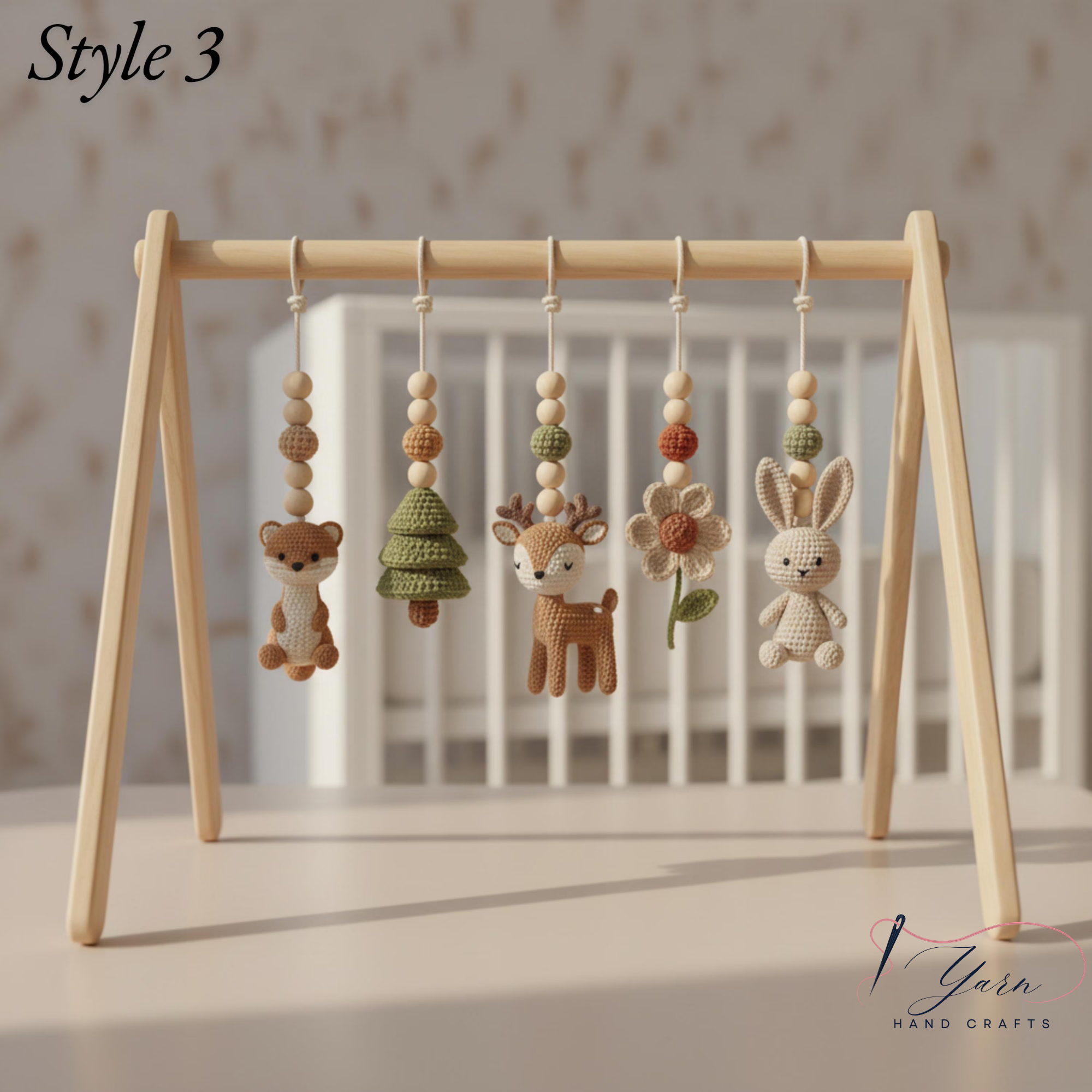 Handmade Custom Woodland Baby Gym | Personalized Wooden Play Gym with Crochet Forest Theme Toys | Neutral Nursery Decor