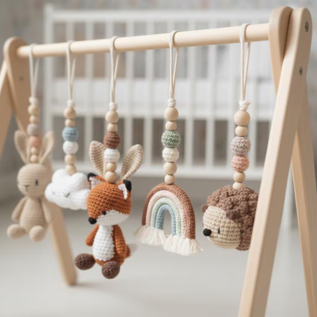 Handmade Custom Woodland Baby Gym | Personalized Wooden Play Gym with Crochet Forest Theme Toys | Neutral Nursery Decor