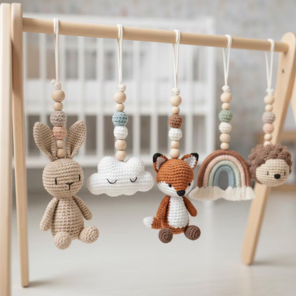 Handmade Custom Woodland Baby Gym | Personalized Wooden Play Gym with Crochet Forest Theme Toys | Neutral Nursery Decor