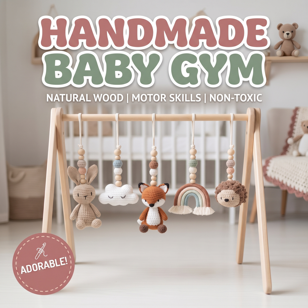 Handmade Custom Woodland Baby Gym | Personalized Wooden Play Gym with Crochet Forest Theme Toys | Neutral Nursery Decor