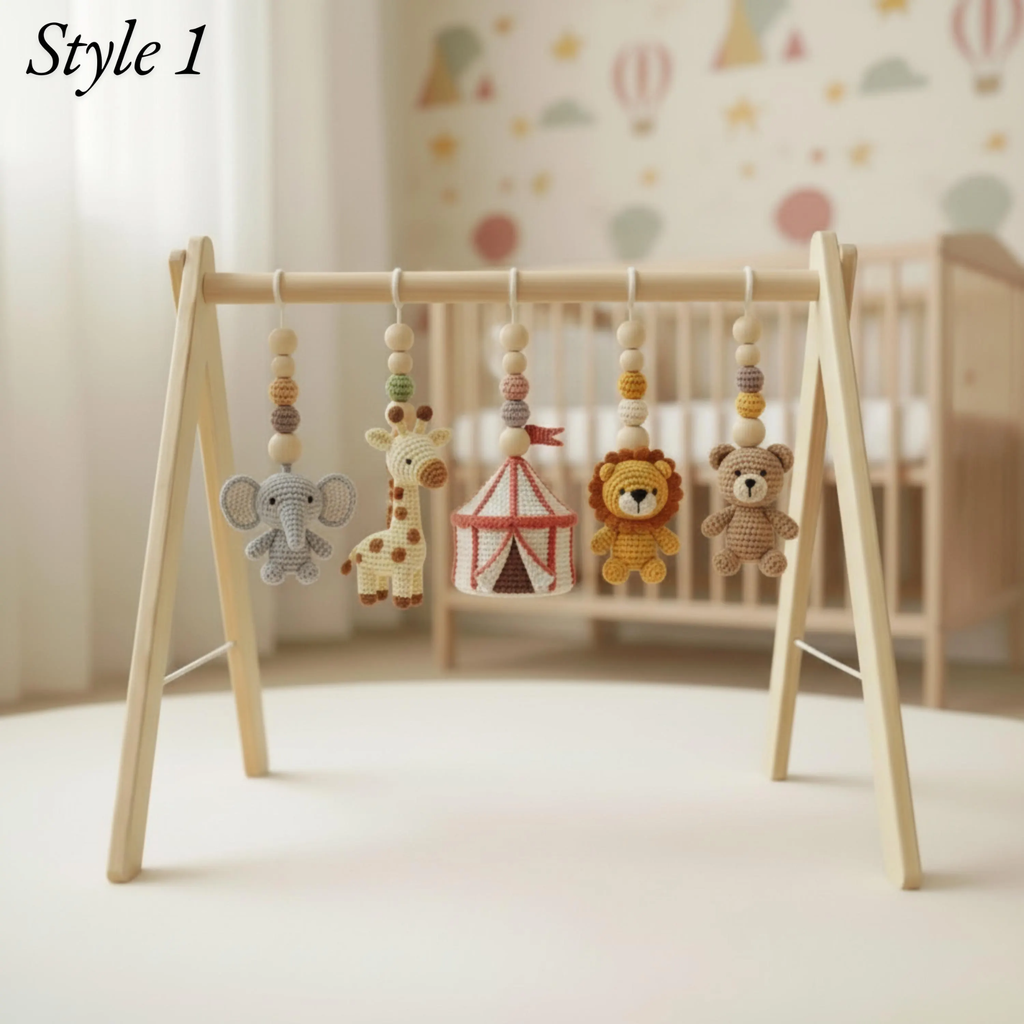 Handmade Crochet Baby Play Gym, Montessori Wooden Baby Gym, Safari Circus Hanging Toys, Neutral Nursery Decor, Baby Shower Gift