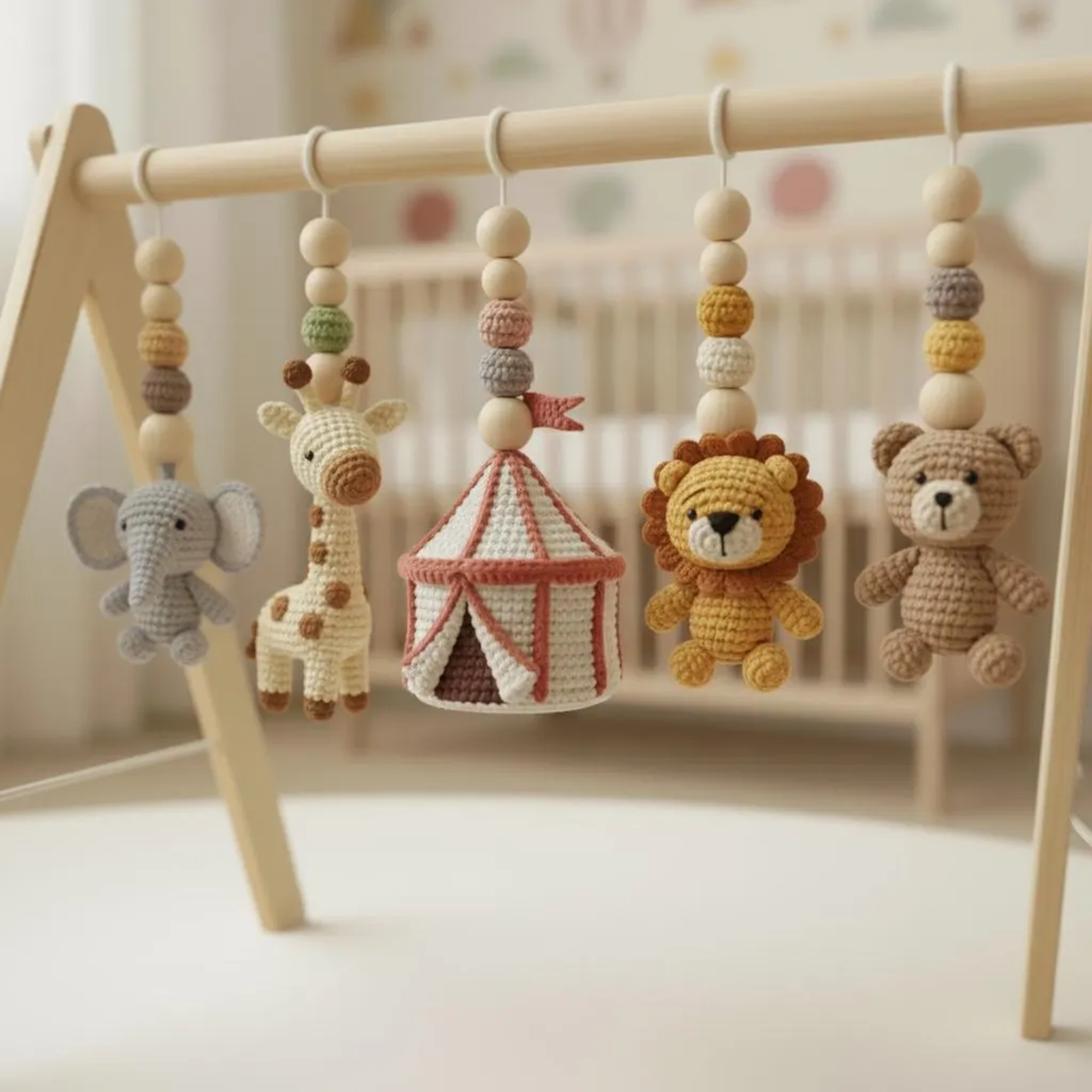 Handmade Crochet Baby Play Gym, Montessori Wooden Baby Gym, Safari Circus Hanging Toys, Neutral Nursery Decor, Baby Shower Gift