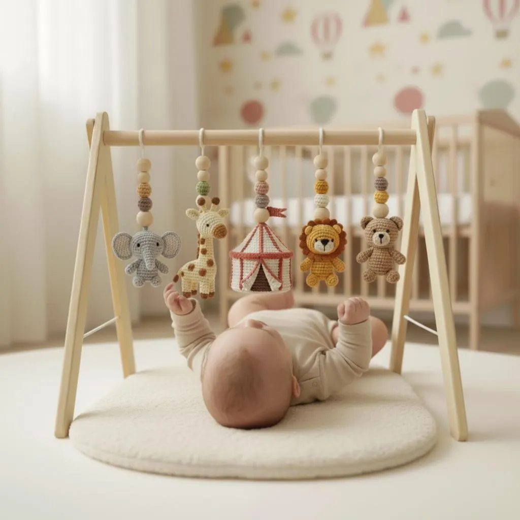 Handmade Crochet Baby Play Gym, Montessori Wooden Baby Gym, Safari Circus Hanging Toys, Neutral Nursery Decor, Baby Shower Gift