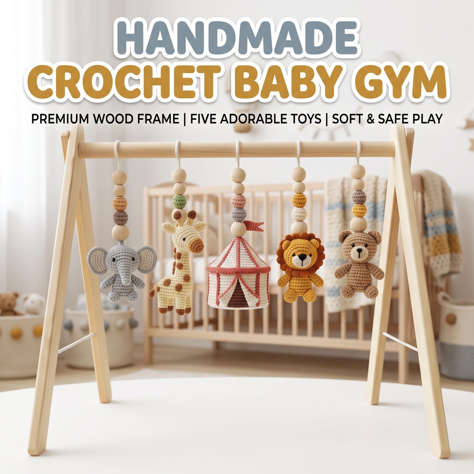 Handmade Crochet Baby Play Gym, Montessori Wooden Baby Gym, Safari Circus Hanging Toys, Neutral Nursery Decor, Baby Shower Gift