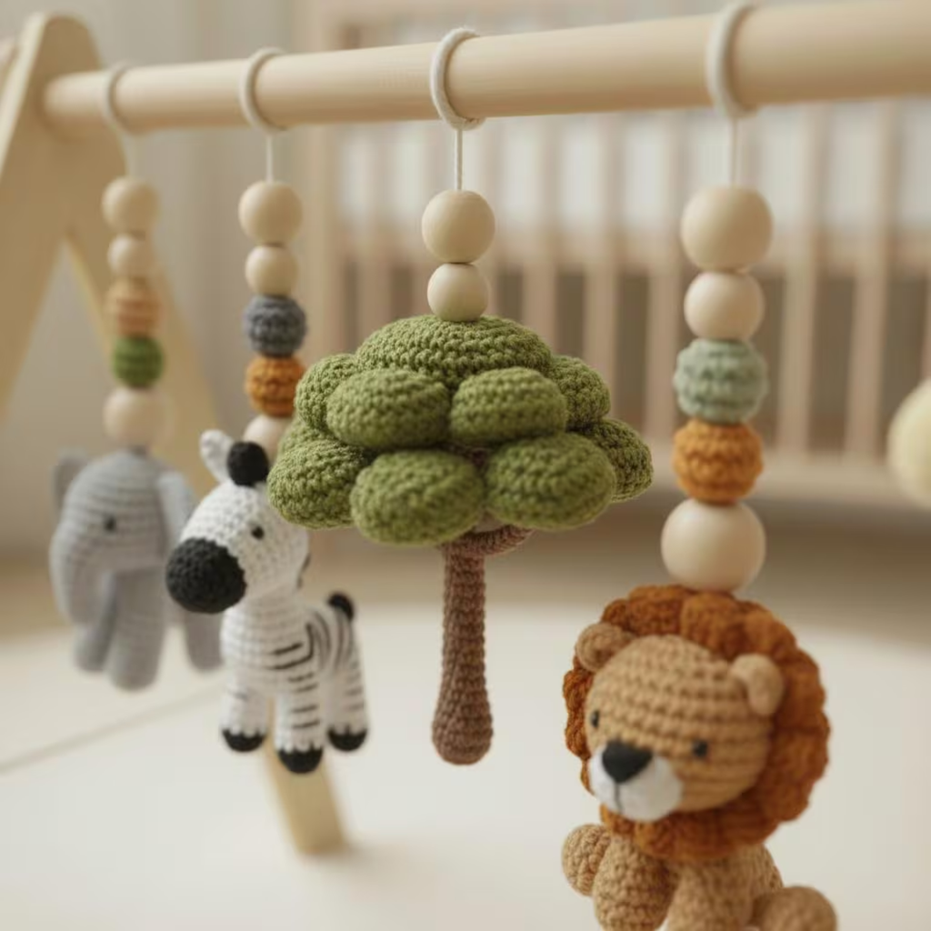 Safari Baby Gym Wooden Play Gym with Crochet Animals | Montessori Baby Activity Gym | Jungle Nursery Decor | Baby Shower Gift