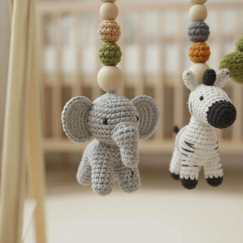Safari Baby Gym Wooden Play Gym with Crochet Animals | Montessori Baby Activity Gym | Jungle Nursery Decor | Baby Shower Gift