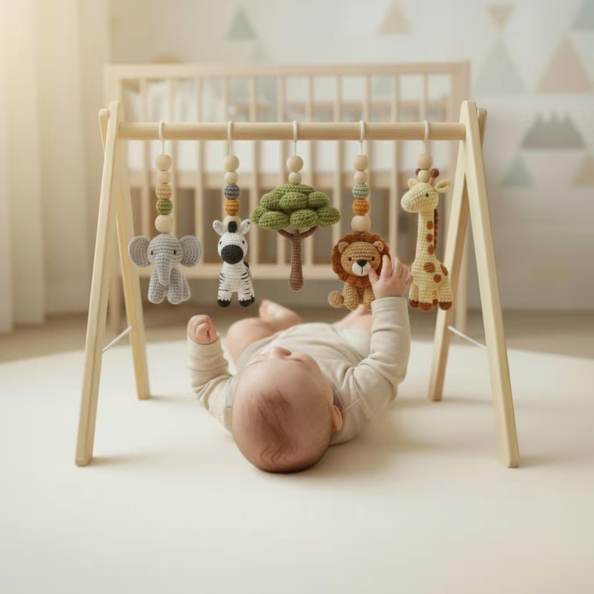 Safari Baby Gym Wooden Play Gym with Crochet Animals | Montessori Baby Activity Gym | Jungle Nursery Decor | Baby Shower Gift