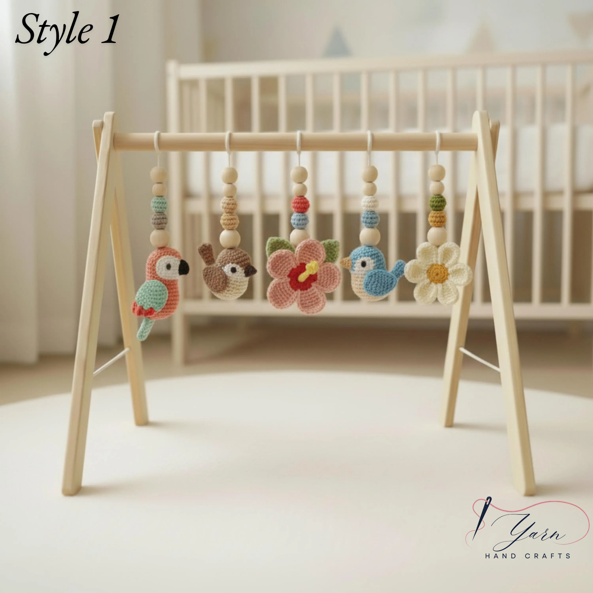 Handmade Bird Baby Gym | Wooden Baby Play Gym with Crochet Bird & Flower Toys | Montessori Activity Gym | Neutral Nursery Decor | Baby Shower Gift