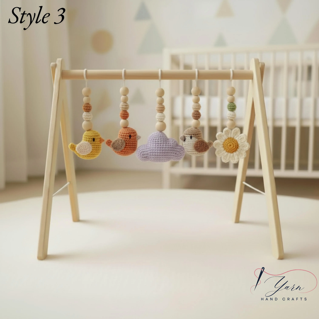 Handmade Bird Baby Gym | Wooden Baby Play Gym with Crochet Bird & Flower Toys | Montessori Activity Gym | Neutral Nursery Decor | Baby Shower Gift