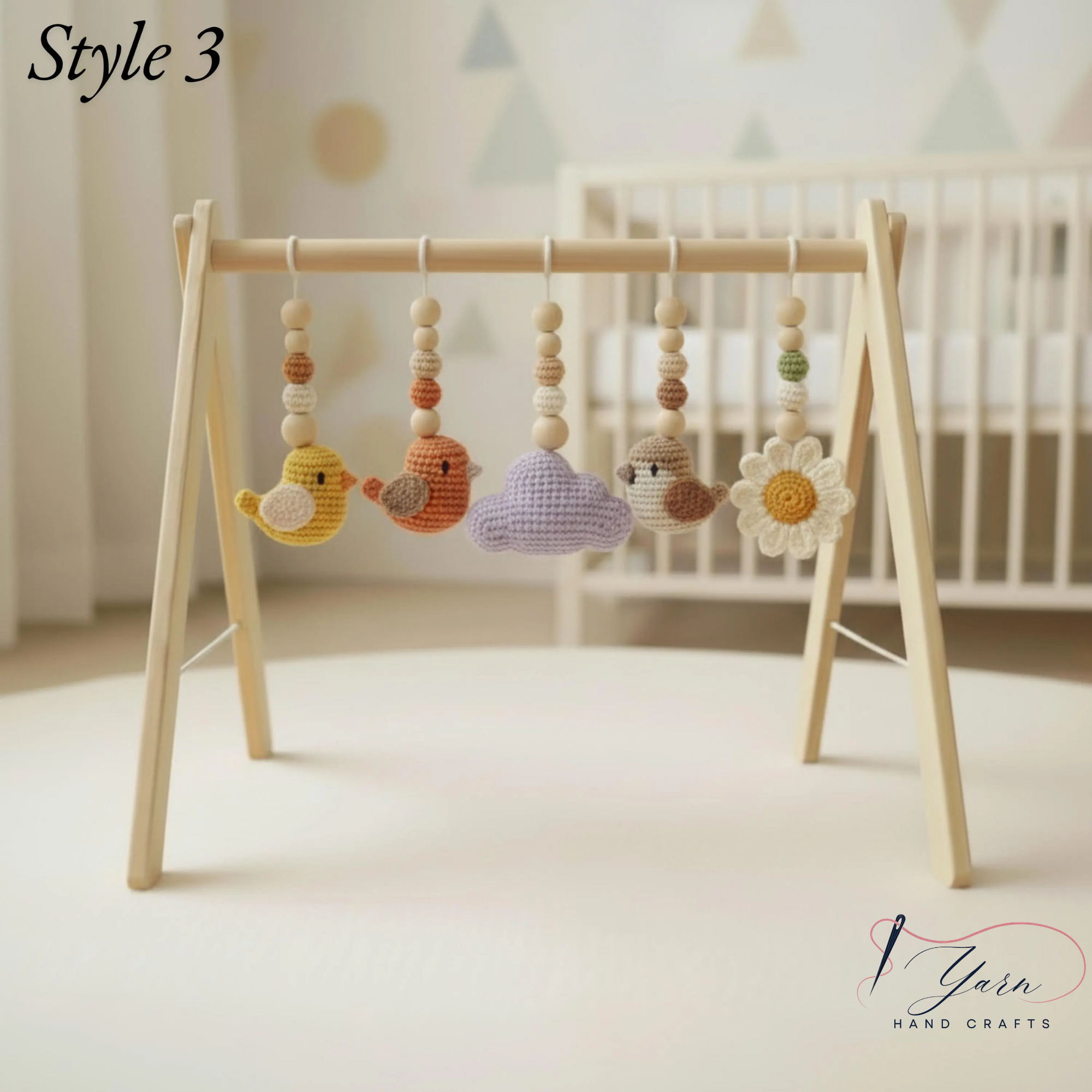 Handmade Bird Baby Gym | Wooden Baby Play Gym with Crochet Bird & Flower Toys | Montessori Activity Gym | Neutral Nursery Decor | Baby Shower Gift