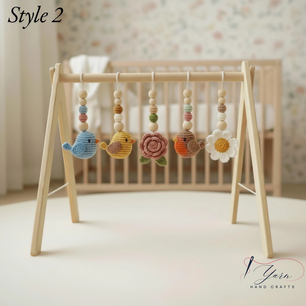 Handmade Bird Baby Gym | Wooden Baby Play Gym with Crochet Bird & Flower Toys | Montessori Activity Gym | Neutral Nursery Decor | Baby Shower Gift