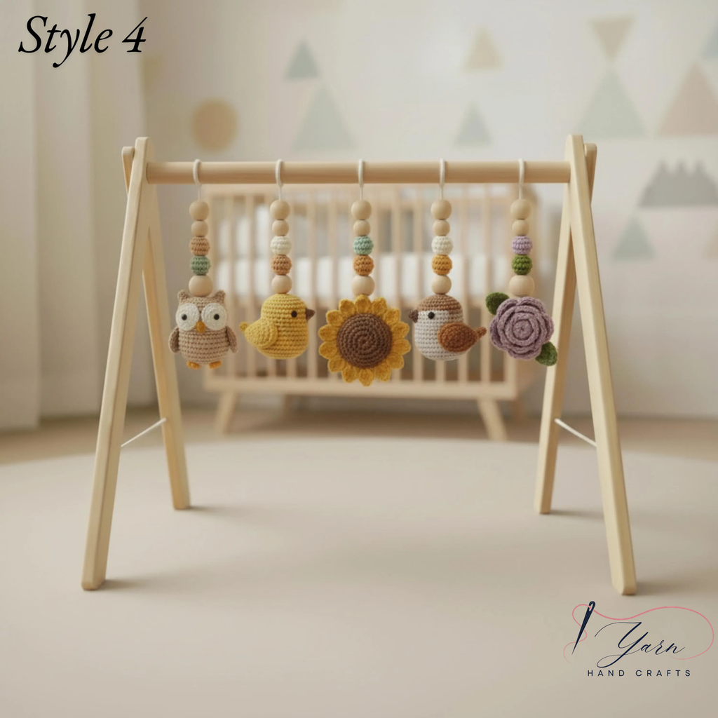 Handmade Bird Baby Gym | Wooden Baby Play Gym with Crochet Bird & Flower Toys | Montessori Activity Gym | Neutral Nursery Decor | Baby Shower Gift