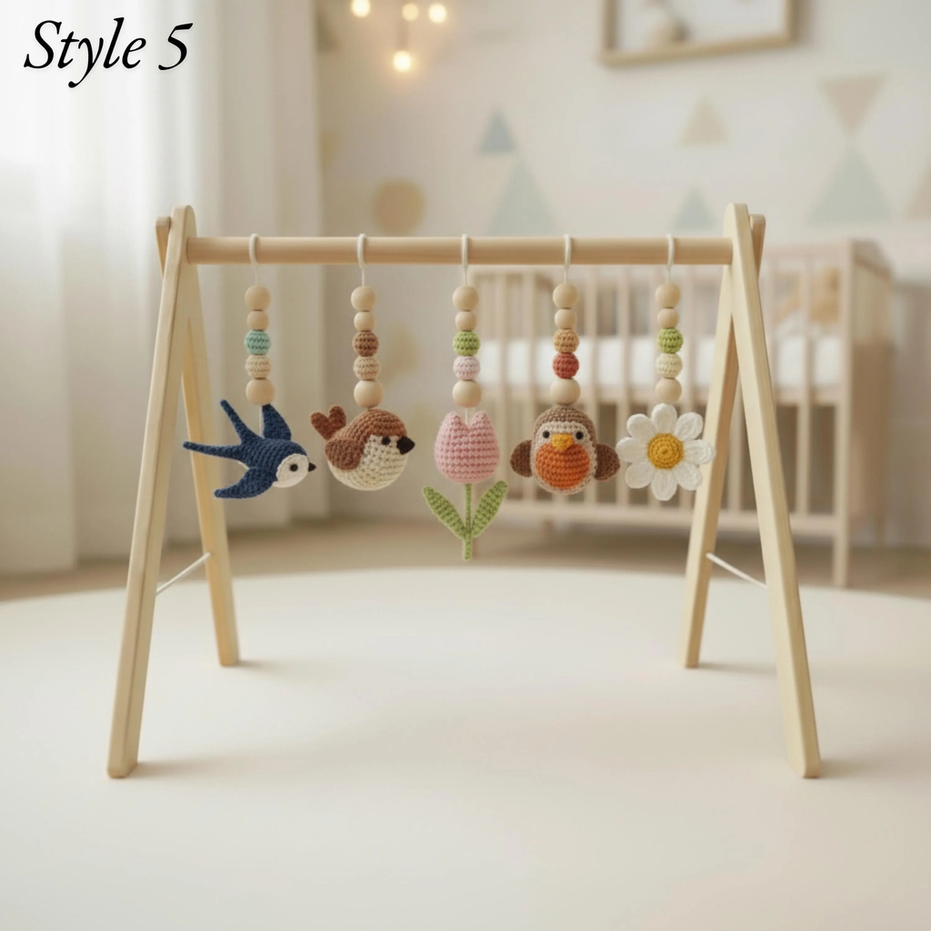 Handmade Bird Baby Gym | Wooden Baby Play Gym with Crochet Bird & Flower Toys | Montessori Activity Gym | Neutral Nursery Decor | Baby Shower Gift