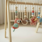 Handmade Bird Baby Gym | Wooden Baby Play Gym with Crochet Bird & Flower Toys | Montessori Activity Gym | Neutral Nursery Decor | Baby Shower Gift