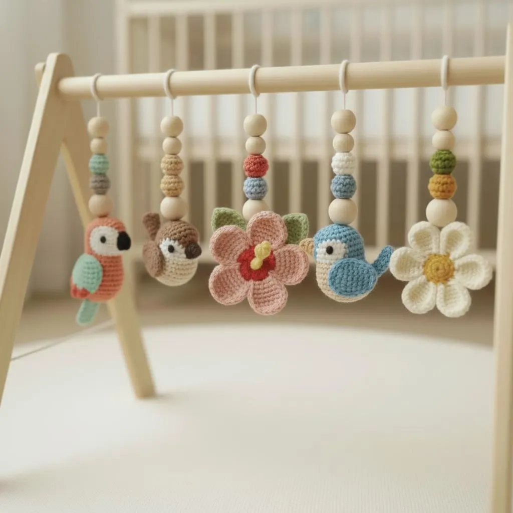 Handmade Bird Baby Gym | Wooden Baby Play Gym with Crochet Bird & Flower Toys | Montessori Activity Gym | Neutral Nursery Decor | Baby Shower Gift