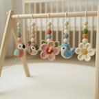 Handmade Bird Baby Gym | Wooden Baby Play Gym with Crochet Bird & Flower Toys | Montessori Activity Gym | Neutral Nursery Decor | Baby Shower Gift