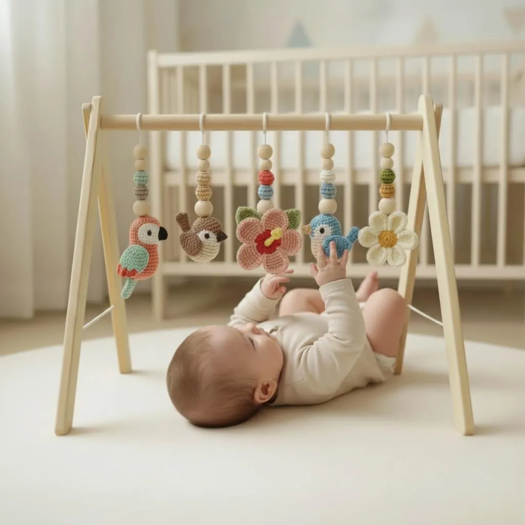 Handmade Bird Baby Gym | Wooden Baby Play Gym with Crochet Bird & Flower Toys | Montessori Activity Gym | Neutral Nursery Decor | Baby Shower Gift